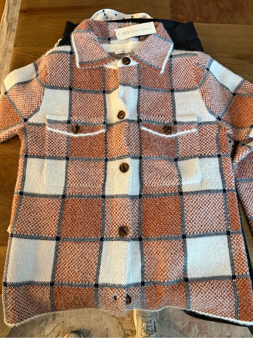 Checked Button-Front Shacket - Cream & Rust